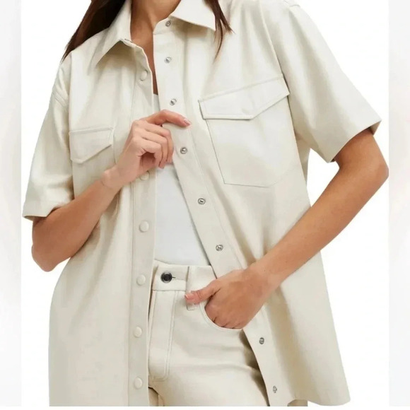 Good American Tops - Good American Resort Faux Leather Short Sleeve Button-Up Shirt Bone Women’s 2X